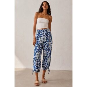Christian Siriano Cropped Wide Leg Pants S Blue White Ikat Linen Rayon Boho